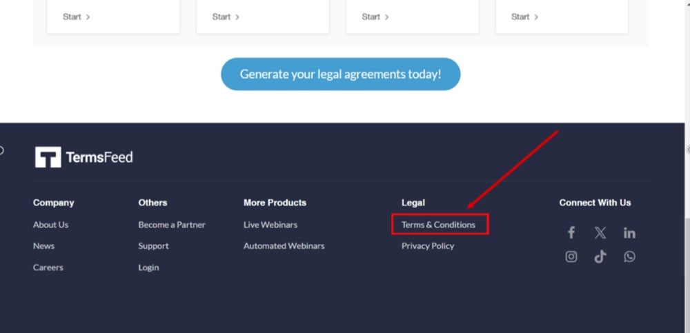 TermsFeed Kartra - Home page - footer - Terms and Conditions URL - Preview displayed