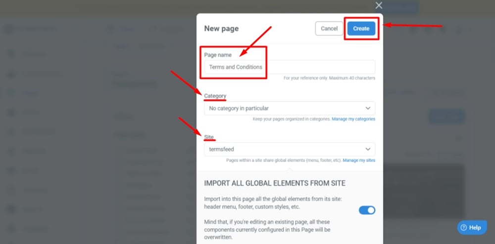TermsFeed Kartra - Pages - Add new - templates - Blank page - a window opens - Type Terms and Conditions as the Page name, select category and site, and click Create