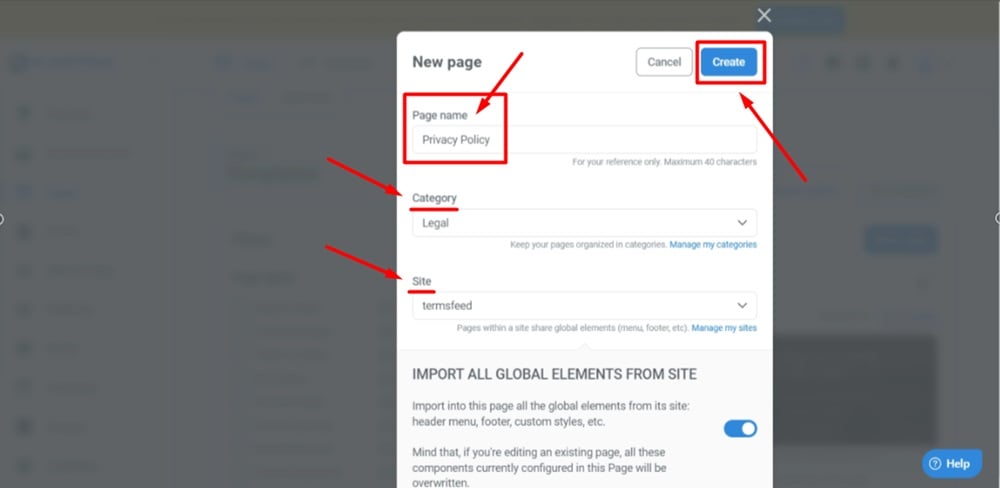 TermsFeed Kartra - Pages - Add new - templates - Blank page - a window opens - Type Privacy Policy as the Page name, select category and site, and click Create