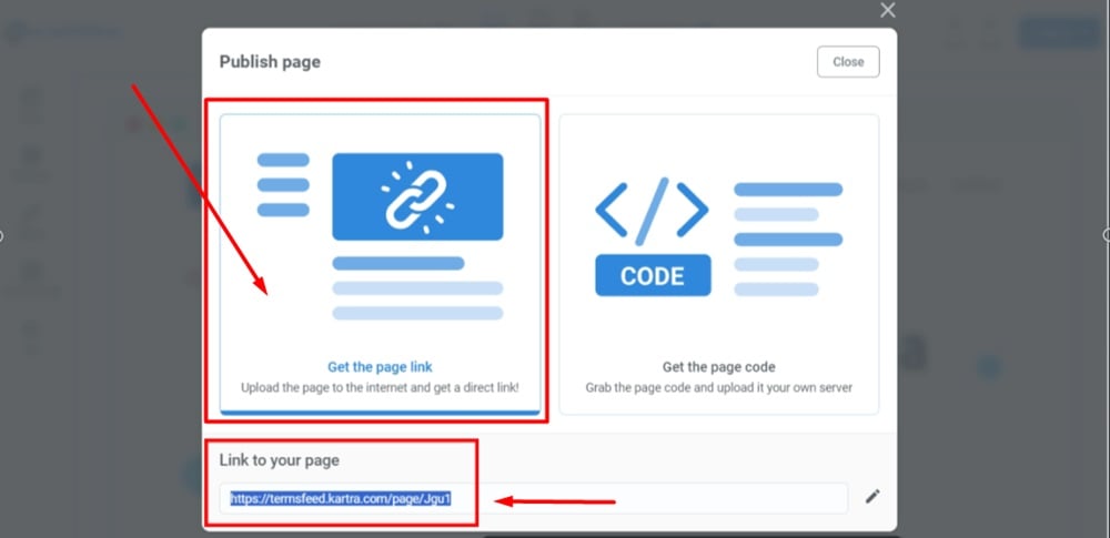 TermsFeed Kartra - Pages - Home - Edit - Settings - Tracking code - applied - Actions - Publish live - Get the page link - Copied