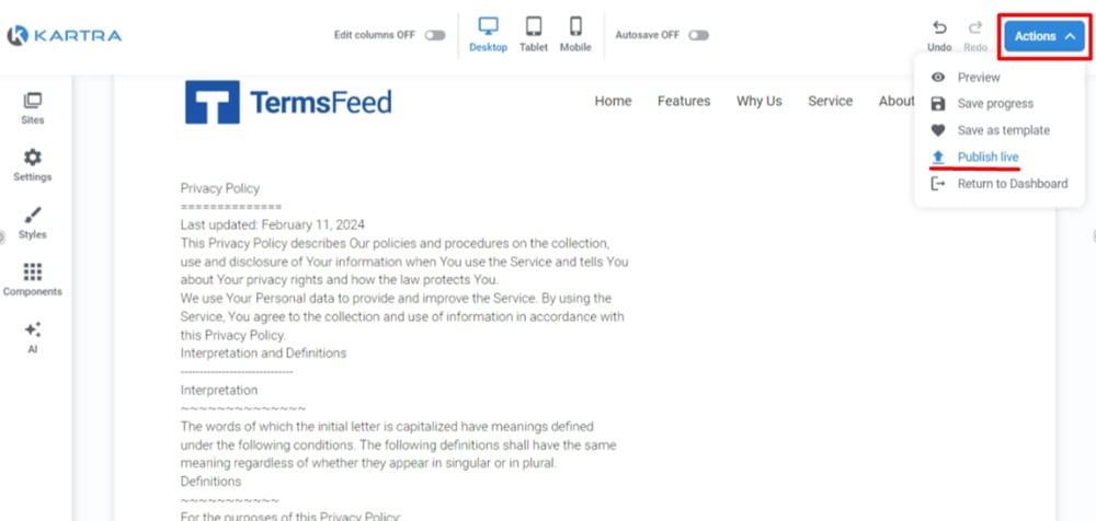 TermsFeed Kartra - Privacy Policy Page - Actions - Saved - Publish live