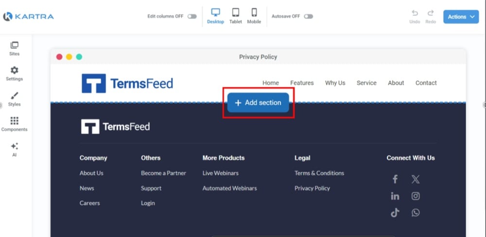 TermsFeed Kartra - Privacy Policy Page - Add section