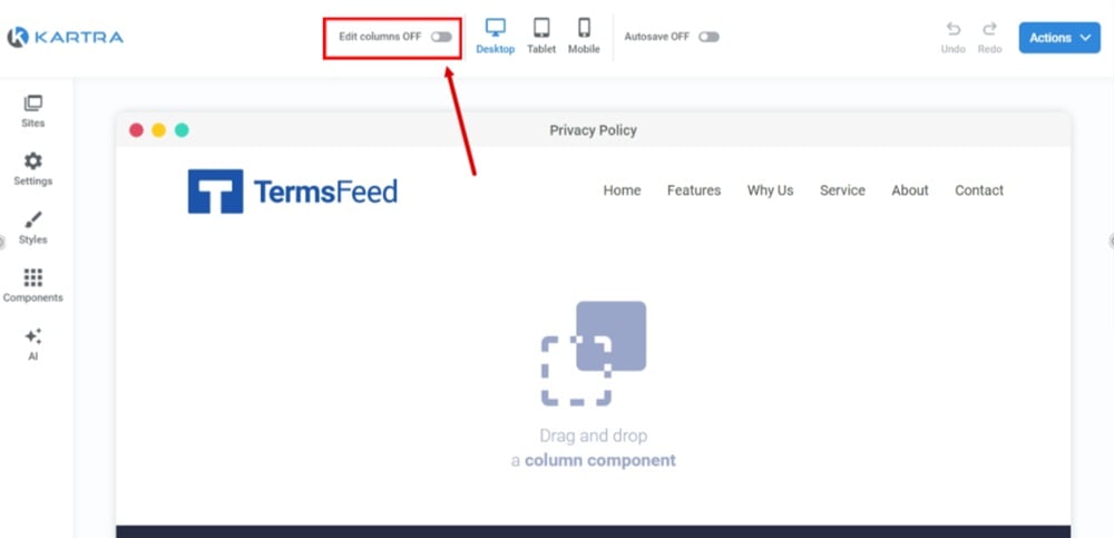 TermsFeed Kartra - Privacy Policy Page - Empty section added - Turn ON edit columns