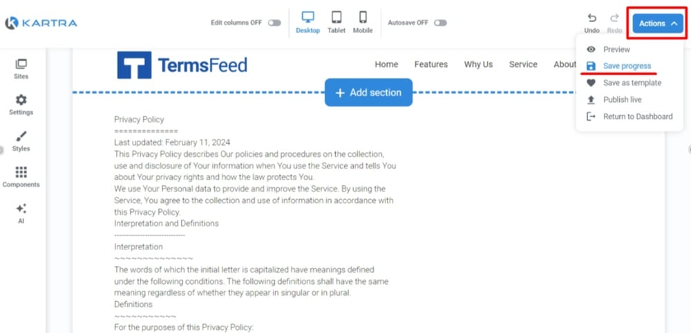 TermsFeed Kartra - Privacy Policy Page - Components - Added Text - edited - Actions - Save progress