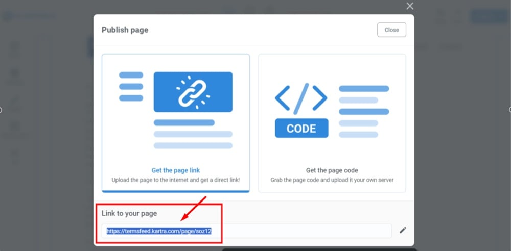 TermsFeed Kartra - Privacy Policy Page - Saved - Actions - Publish live - Get the page link - copy