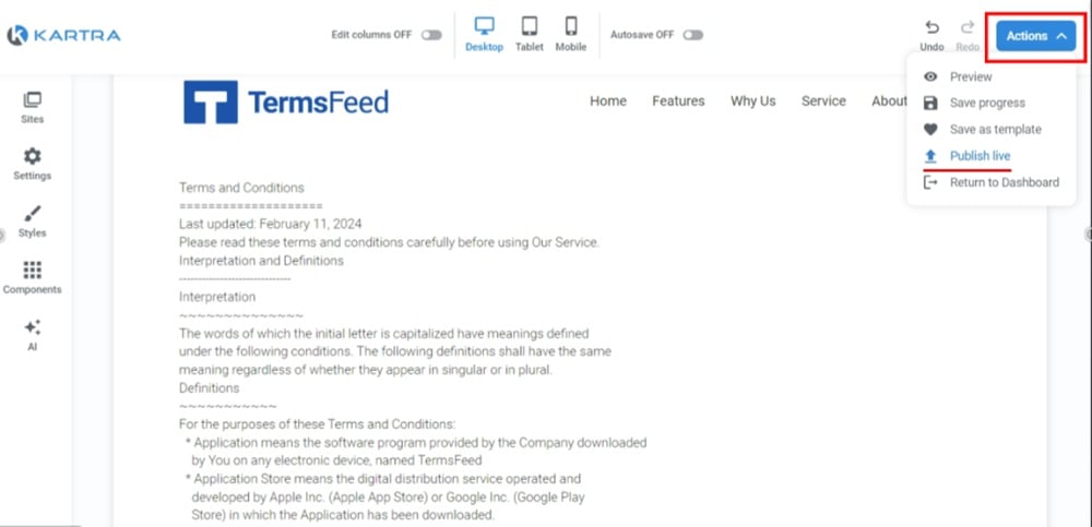 TermsFeed Kartra - Terms and Conditions Page - Actions - Saved - Publish live