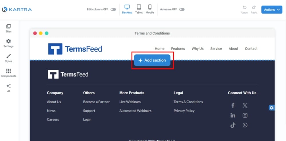 TermsFeed Kartra - Terms and Conditions Page - Add section