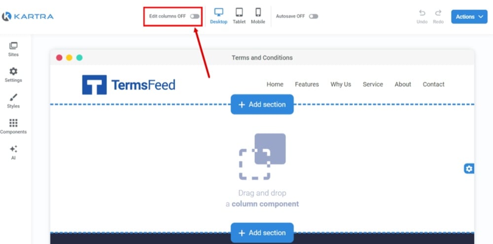 TermsFeed Kartra - Terms and Conditions Page - Empty section added - Turn ON edit columns