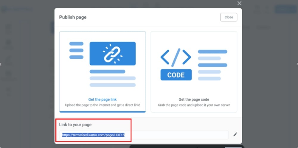 TermsFeed Kartra - Terms and Conditions Page - Saved - Actions - Publish live - Get the page link - copy