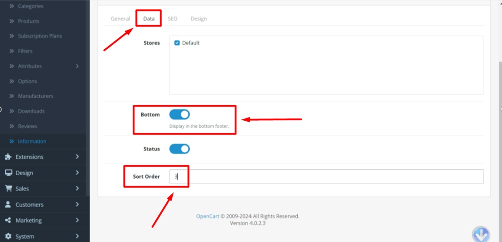 TermsFeed OpenCart - Information - Cookies Policy - Data tab - Turn on the Bottom option and add the Sort order number