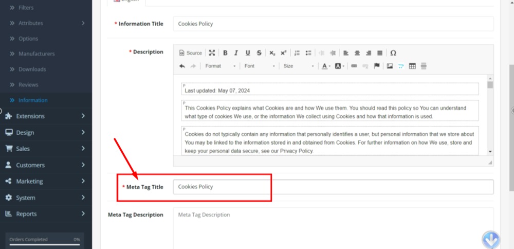 TermsFeed OpenCart - Information - Cookies Policy - Meta Tag Title add