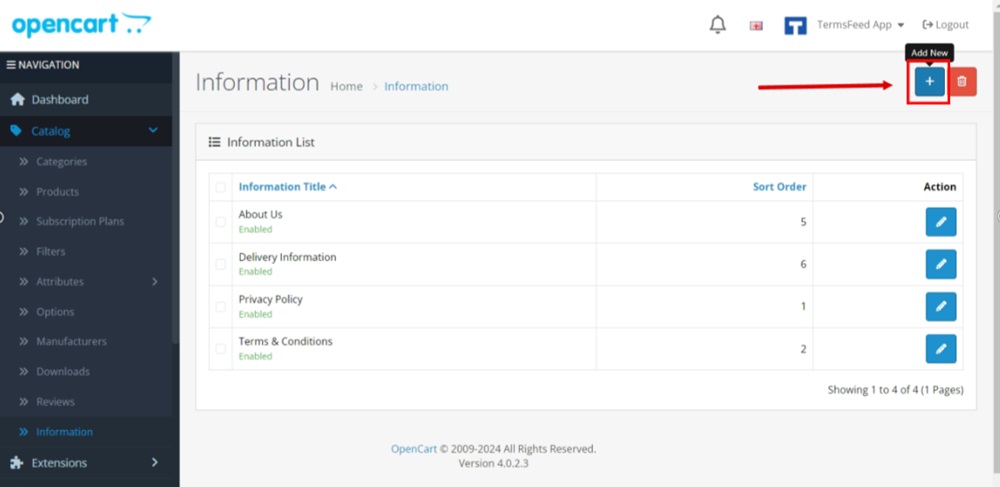 TermsFeed OpenCart - Dashboard - Catalog - Information - Add new page