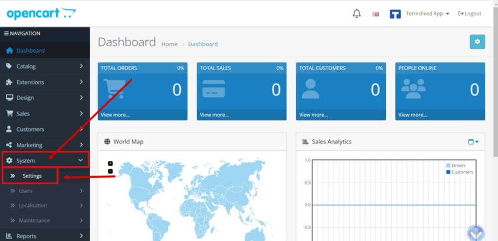 TermsFeed OpenCart - Dashboard - System - Settings