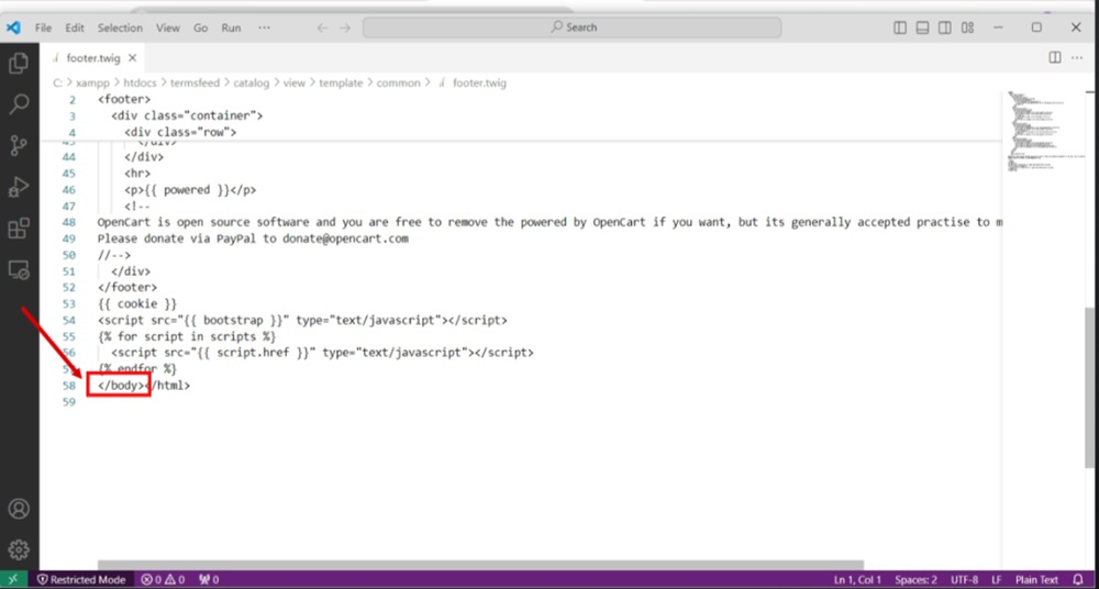 TermsFeed OpenCart - Folders - Theme - footer.twig file - Opened - end of the body tag selected