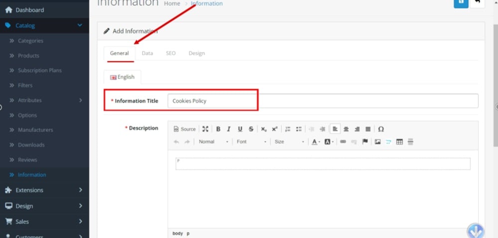 TermsFeed OpenCart - Information - Add new page - Title - Cookies Policy