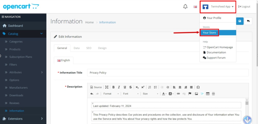 TermsFeed OpenCart - Information - Privacy Policy - Edit - Description editor - Source code - Added - Profile - Your store selected
