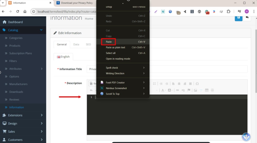 TermsFeed OpenCart - Information - Privacy Policy - Edit - Description editor - Source code - Paste