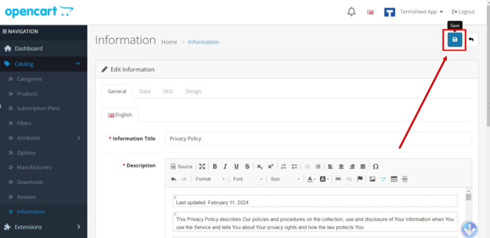 TermsFeed OpenCart - Information - Privacy Policy - Edit - Description editor - Source code - Pasted - save