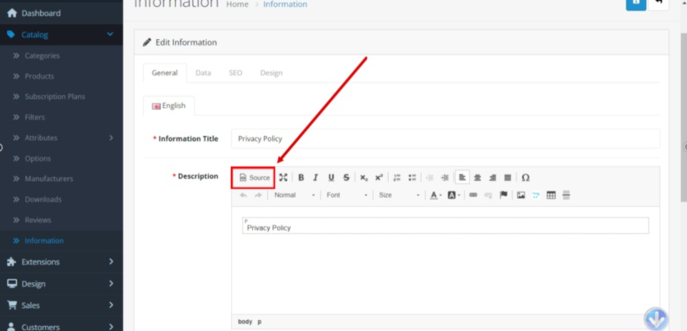 TermsFeed OpenCart - Information - Privacy Policy - Edit - Description editor - Source