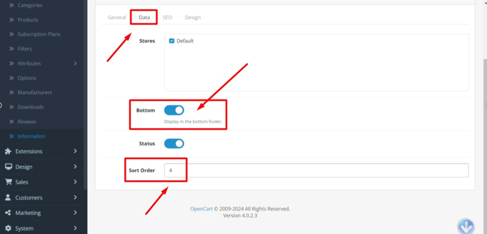 TermsFeed OpenCart - Information - Return and Refund Policy - Data tab - Turn on the Bottom option and add Sort order number