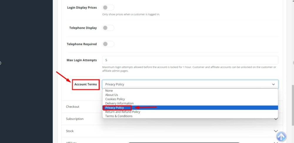 TermsFeed OpenCart - Settings - Your store - Edit - Option tab - Account - Account terms - Privacy Policy page selected