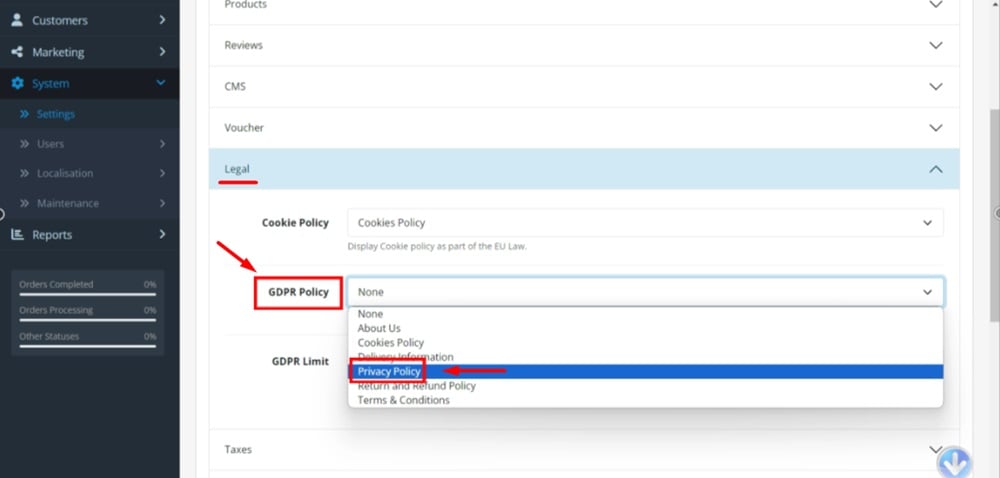 TermsFeed OpenCart - Settings - Your store - Edit - Option tab - Legal section - GDPR Policy - Privacy Policy page selected
