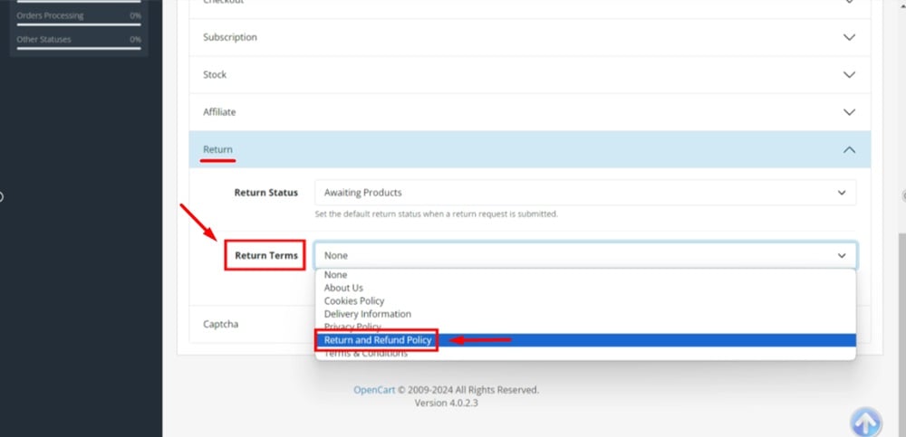 TermsFeed OpenCart - Settings - Your store - Edit - Option tab - Return - Return terms - Return and Refund Policy page selected