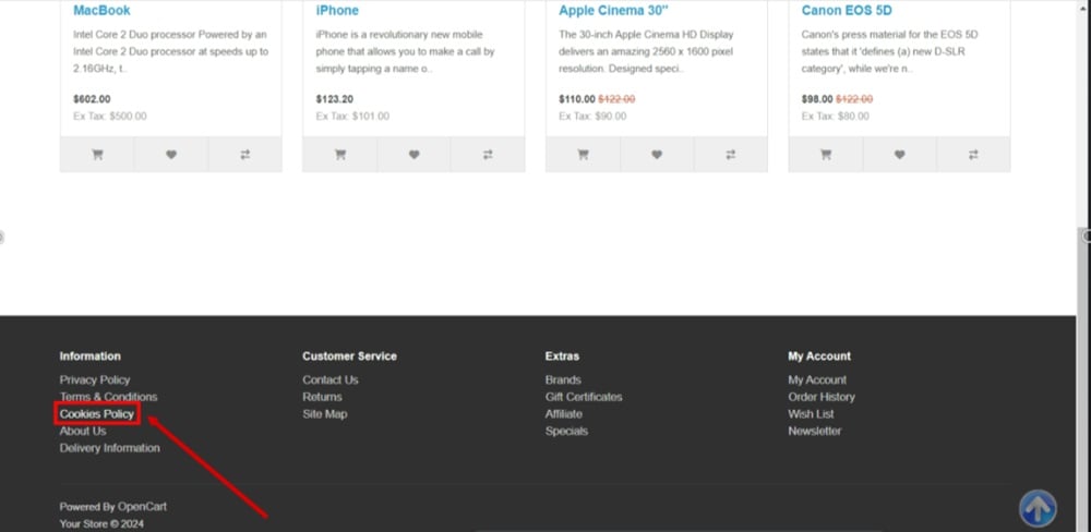 TermsFeed OpenCart - store displayed with Cookies Policy page added and linked at the footer