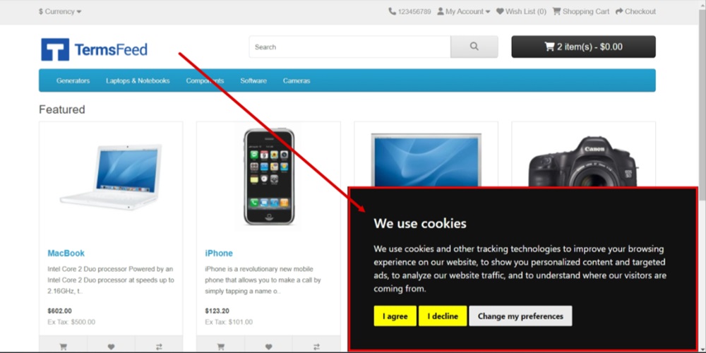 TermsFeed OpenCart - store displayed - reloaded - The Free Cookie Consent Notice Banner shows