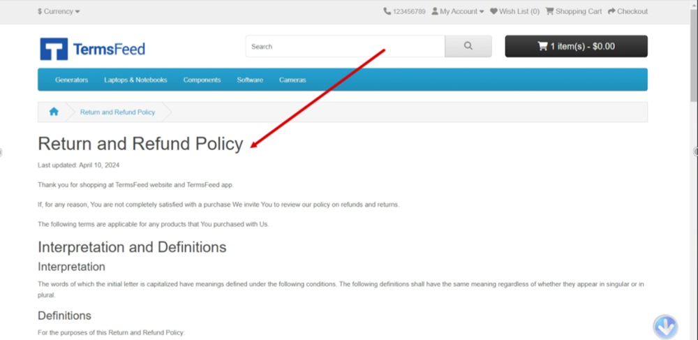 TermsFeed OpenCart - store displayed with Return and Refund Policy page