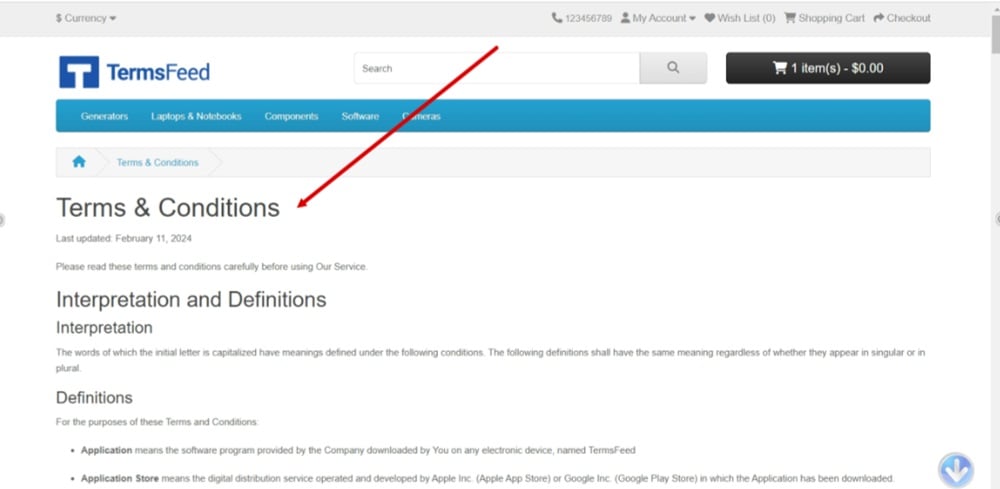 TermsFeed OpenCart - store displayed with Terms and Conditions page