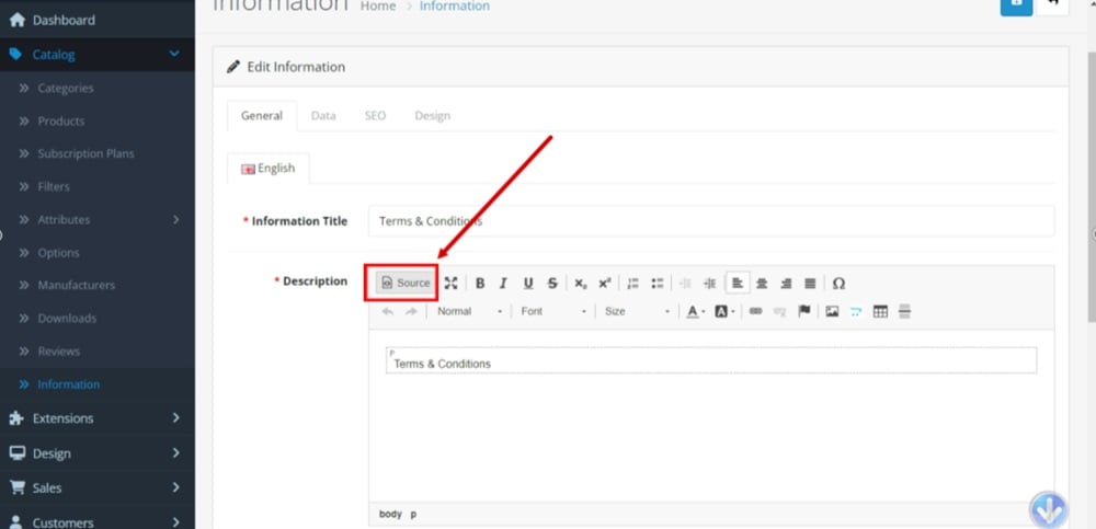 TermsFeed OpenCart - Information - Terms and Conditions - Edit - Description editor - Source