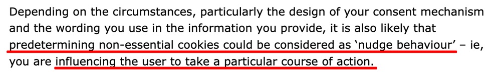 UK ICO: How do we comply with cookie rules guidance - Nudge behavior section