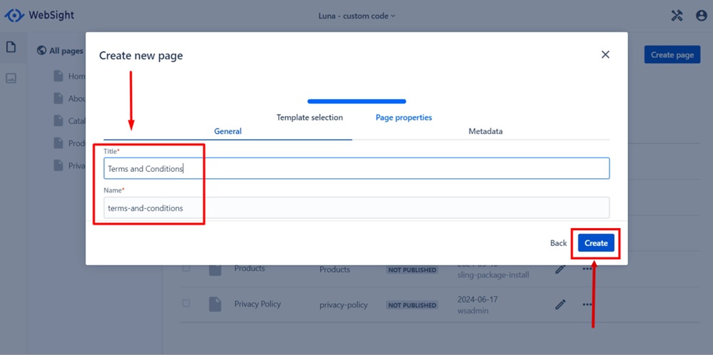 WebSight Demo Luna - Create page new - Type Terms and Conditions in the Title field and click Create