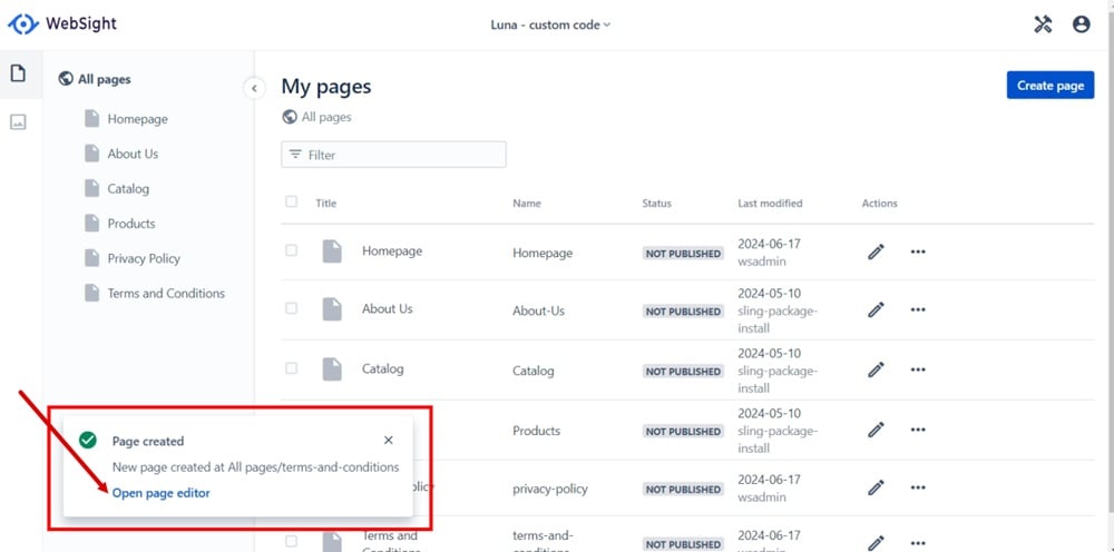 WebSight Demo Luna - Terms and Conditions page created notification - Open page editor link highlighted