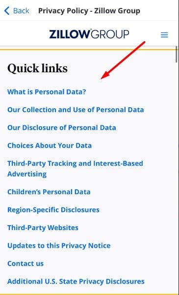 Zillow Privacy Policy table of contents