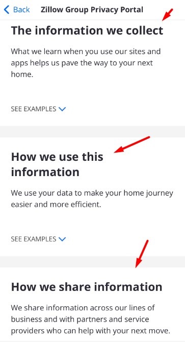 Zillow Privacy Portal excerpt