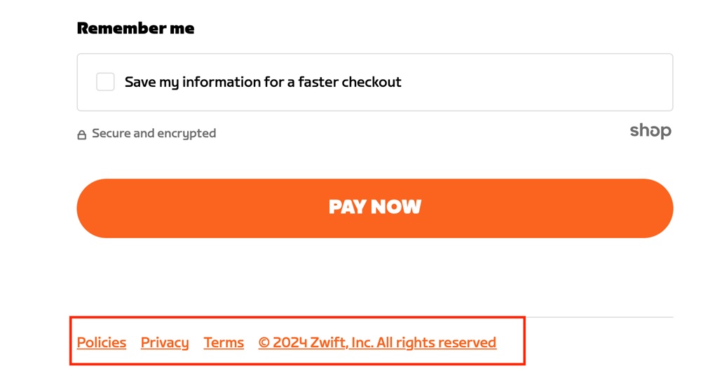 Zwift checkout page with footer links highlighted