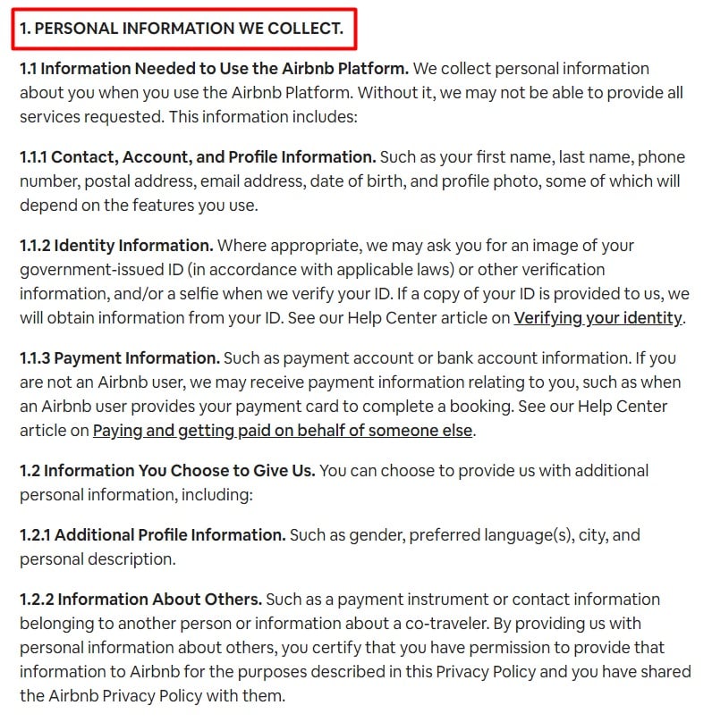 Airbnb Privacy Policy: Personal Information We Collect clause excerpt