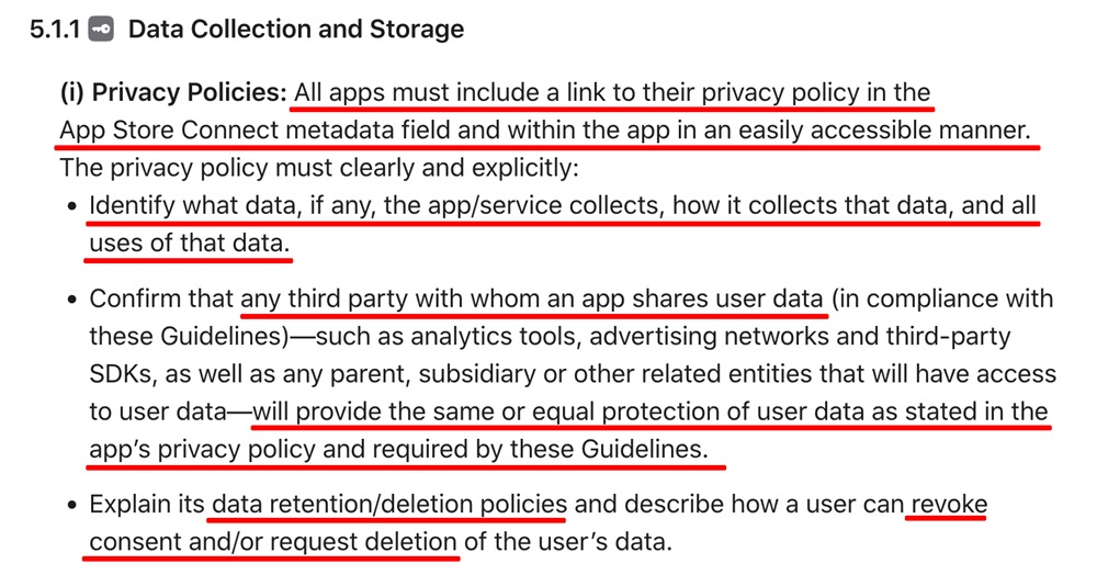 Apple App Review Guidelines: Data collection and storage section