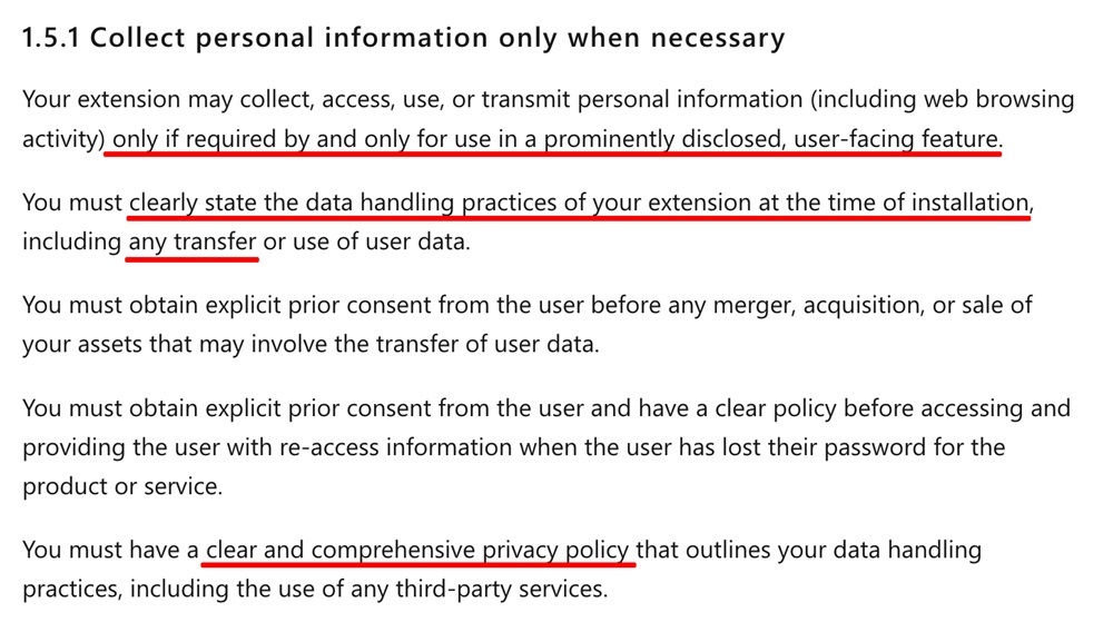 Developer policies for the Microsoft Edge Add-ons store: Collect personal information only when necessary section