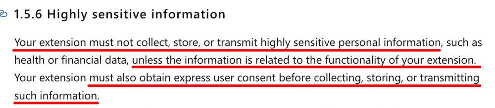 Developer policies for the Microsoft Edge Add-ons store: Highly sensitive information section