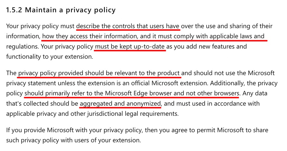 Developer policies for the Microsoft Edge Add-ons store: Maintain Privacy Policy section