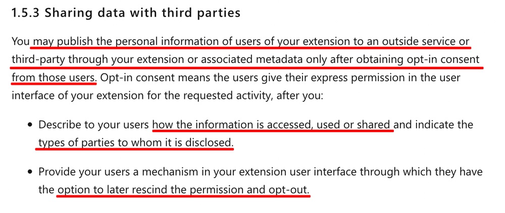 Developer policies for the Microsoft Edge Add-ons store: Sharing data with third parties section