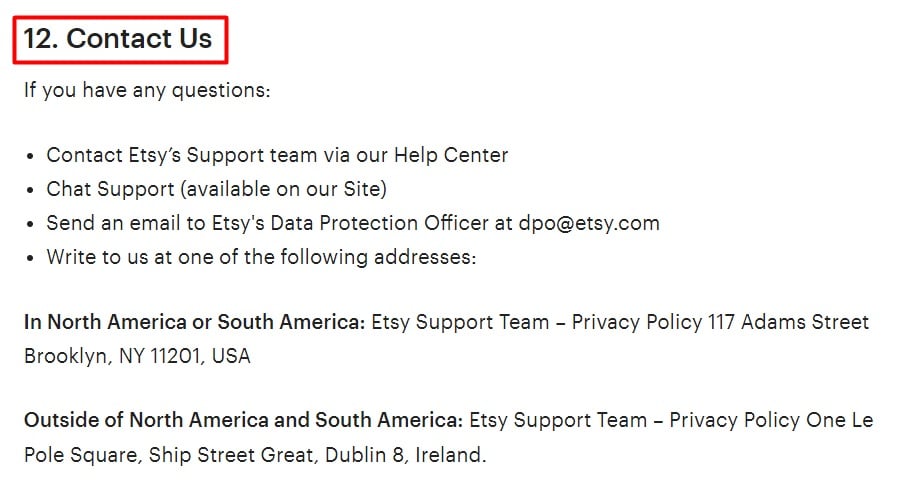 Etsy Privacy Policy: Contact Us clause