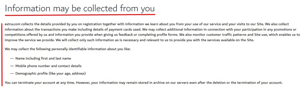 eXtra Privacy Policy: Information collected clause