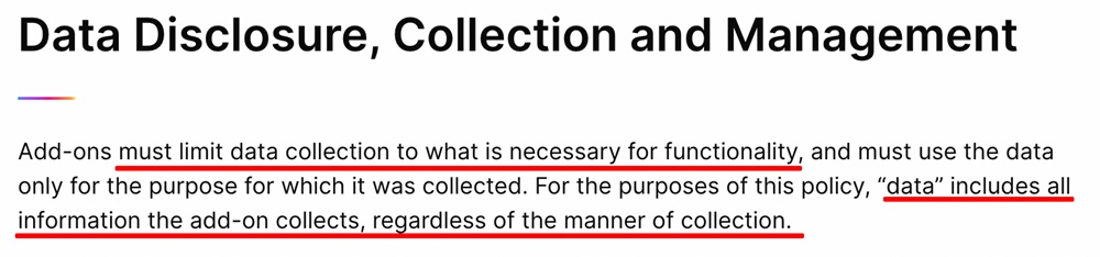Firefox Add-On Policies: Data disclosure, collection and management section