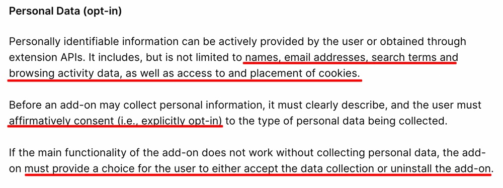 Firefox Add-On Policies: Personal data opt-in section