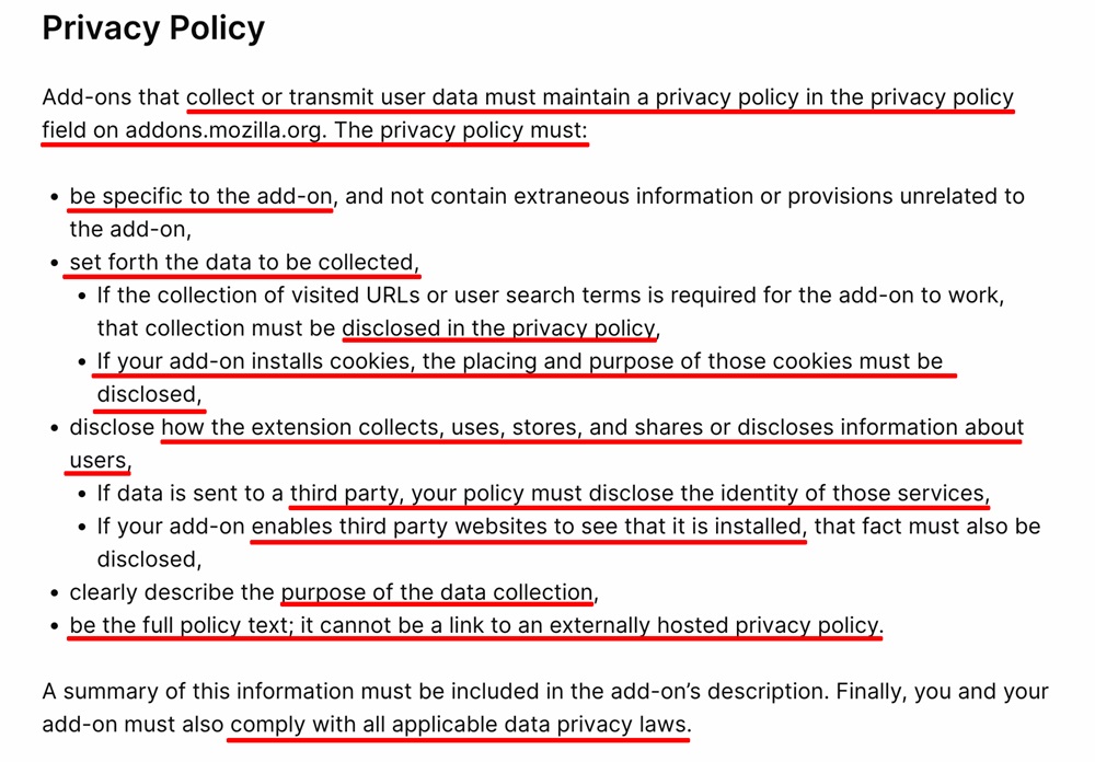 Firefox Add-On Policies: Privacy Policy section