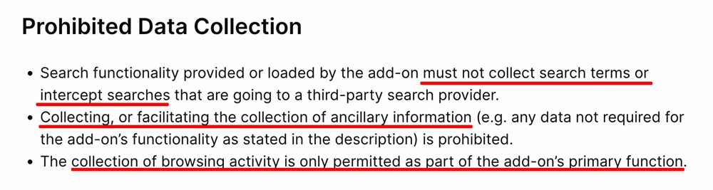 Firefox Add-On Policies: Prohibited Data Collection section